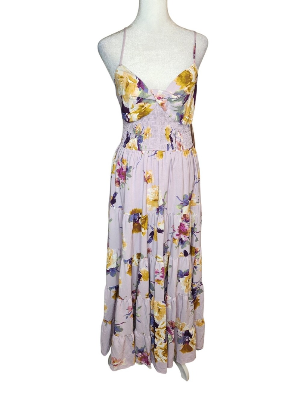 NEW Aqua Floral Twist Front Smocked Maxi Dress Purple Multi Size S